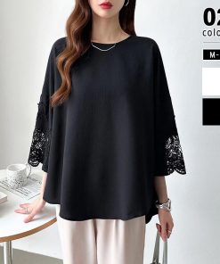 袖レース ブラウス チュニック ゆったり 体型カバー 七分袖 レディース トップス 刺繍レース 楊柳