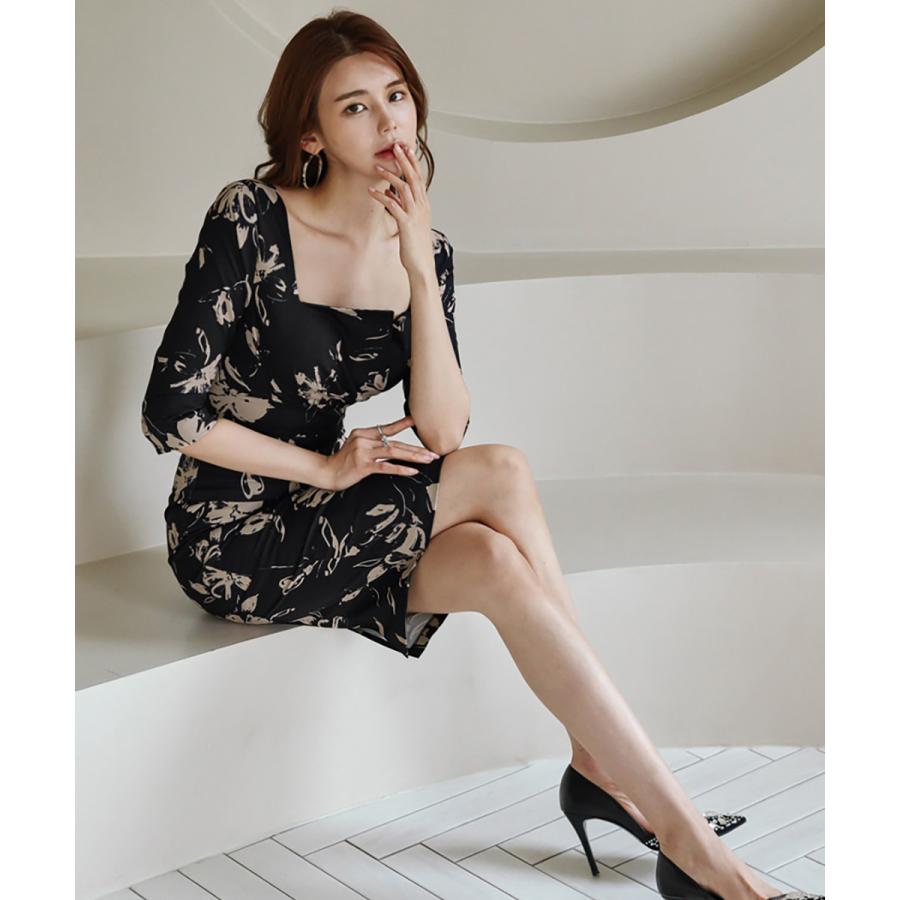 Village H&T レディース タイトワンピース 花柄 スクエアネック 七分袖 上品 清楚 きれいめ お呼ばれ 二次会 結婚式 フォーマル 体型カバー 春夏 S〜XL - 画像 (6)