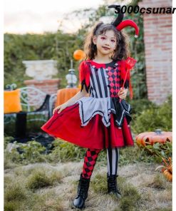 子供 ハロウィン 衣装 女の子 ピエロ コスチューム 赤+黒 ミドル丈 ワンピース チュール付き 半袖 お姫様 FCZY 袖カバー タイツ 髪飾り付 可愛