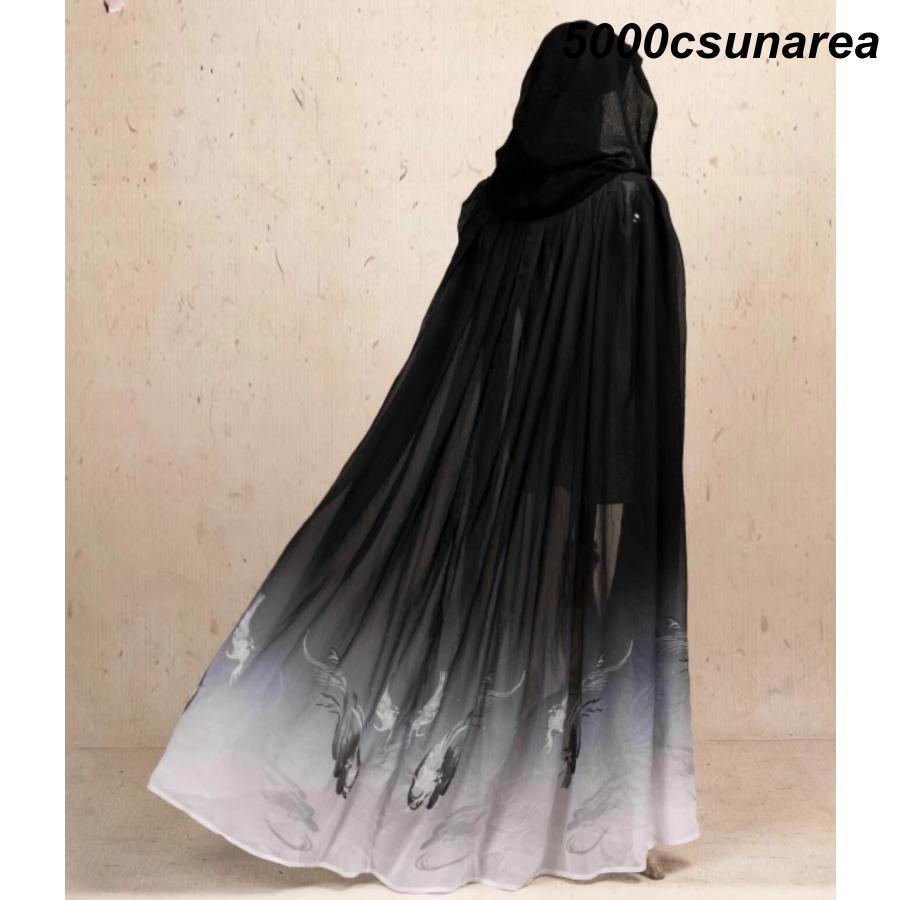 ハロウィン FCZY衣装 大人 中華 暗黒 グラデーション ミモレ丈 ミドル丈 マント 120cm 漢服 チャイナ服 中華衣装 タンチョウ 鶴 プリント - 画像 (2)
