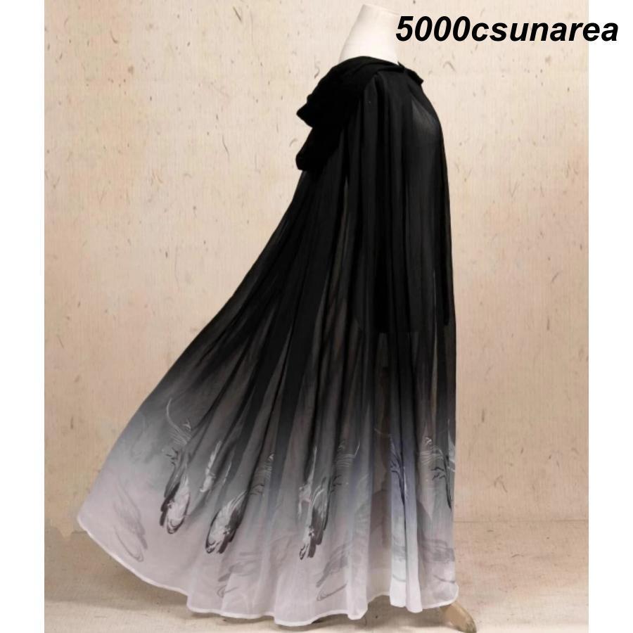 ハロウィン FCZY衣装 大人 中華 暗黒 グラデーション ミモレ丈 ミドル丈 マント 120cm 漢服 チャイナ服 中華衣装 タンチョウ 鶴 プリント - 画像 (3)