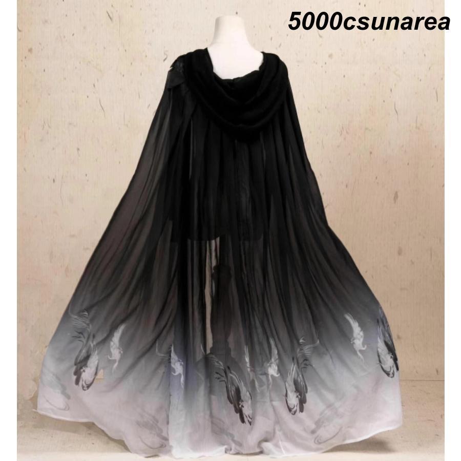 ハロウィン FCZY衣装 大人 中華 暗黒 グラデーション ミモレ丈 ミドル丈 マント 120cm 漢服 チャイナ服 中華衣装 タンチョウ 鶴 プリント - 画像 (4)