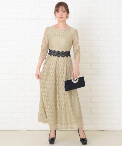 Lace Ladies ドレス リーフ柄 総レース 七分袖ロングワンピース
