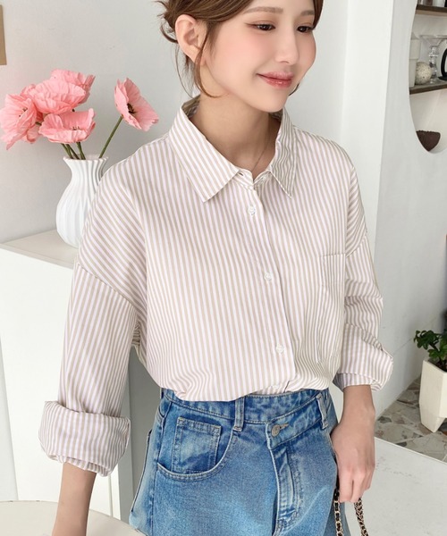 moment+ ブラウス シャツ 「累計販売枚数9万枚突破!」先染めストライプ&ギンガムチェック&マルチストライプビッグシルエット長袖シャツ レディース - 画像 (4)