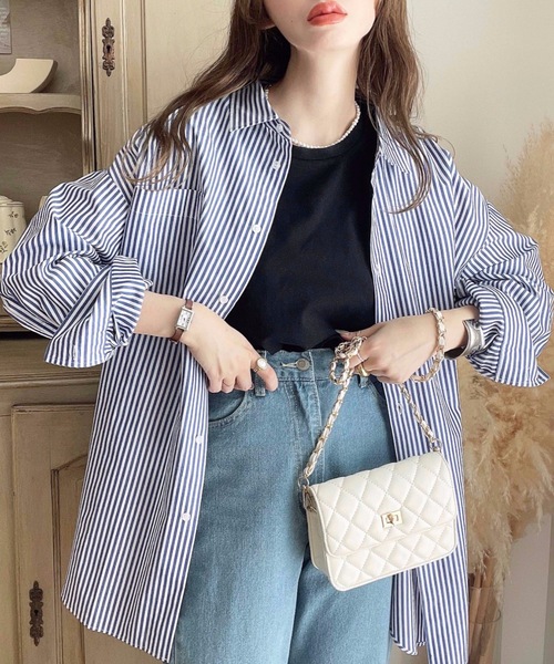 moment+ ブラウス シャツ 「累計販売枚数9万枚突破!」先染めストライプ&ギンガムチェック&マルチストライプビッグシルエット長袖シャツ レディース - 画像 (7)