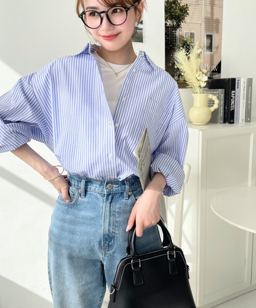 moment+ ブラウス シャツ 「累計販売枚数9万枚突破!」先染めストライプ&ギンガムチェック&マルチストライプビッグシルエット長袖シャツ レディース - 画像 (8)