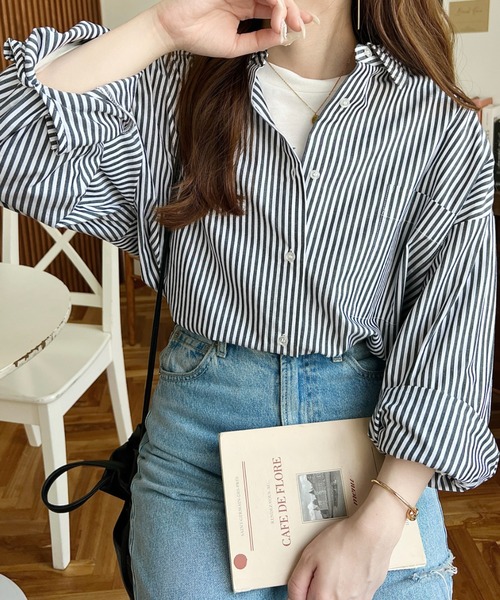 moment+ ブラウス シャツ 「累計販売枚数9万枚突破!」先染めストライプ&ギンガムチェック&マルチストライプビッグシルエット長袖シャツ レディース - 画像 (2)