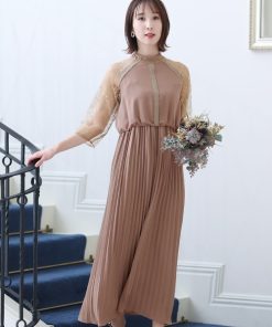 PourVous ドレス 結婚式 パーティードレス 七分袖とミモレ丈ネックリボン大きいサイズフォーマルオケージョンドレスお呼ばれ 二次会 成人式