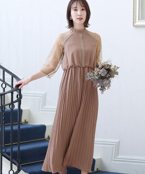 PourVous ドレス 結婚式 パーティードレス 七分袖とミモレ丈ネックリボン大きいサイズフォーマルオケージョンドレスお呼ばれ 二次会 成人式