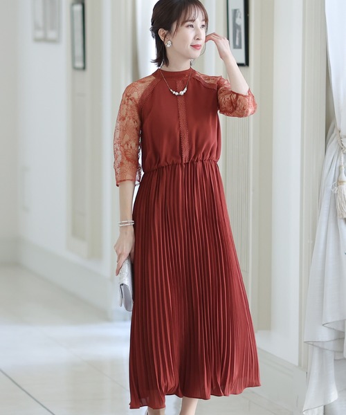 PourVous ドレス 結婚式 パーティードレス 七分袖とミモレ丈ネックリボン大きいサイズフォーマルオケージョンドレスお呼ばれ 二次会 成人式 - 画像 (2)