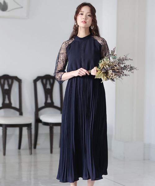 PourVous ドレス 結婚式 パーティードレス 七分袖とミモレ丈ネックリボン大きいサイズフォーマルオケージョンドレスお呼ばれ 二次会 成人式 - 画像 (4)