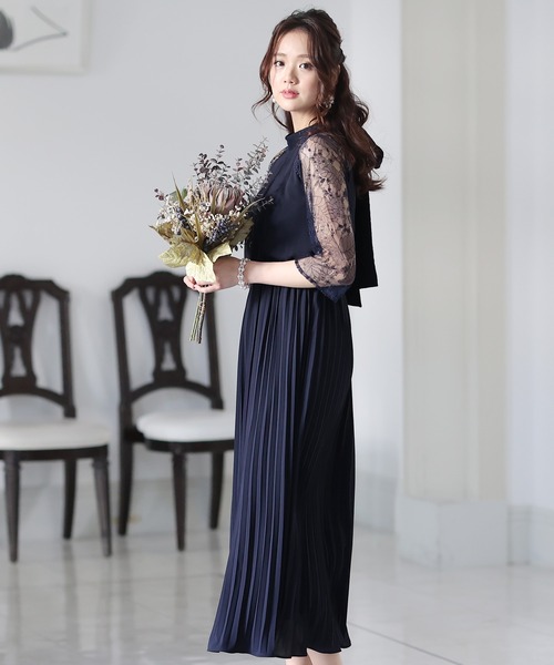 PourVous ドレス 結婚式 パーティードレス 七分袖とミモレ丈ネックリボン大きいサイズフォーマルオケージョンドレスお呼ばれ 二次会 成人式 - 画像 (5)