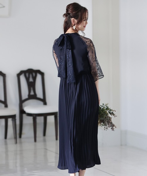 PourVous ドレス 結婚式 パーティードレス 七分袖とミモレ丈ネックリボン大きいサイズフォーマルオケージョンドレスお呼ばれ 二次会 成人式 - 画像 (6)