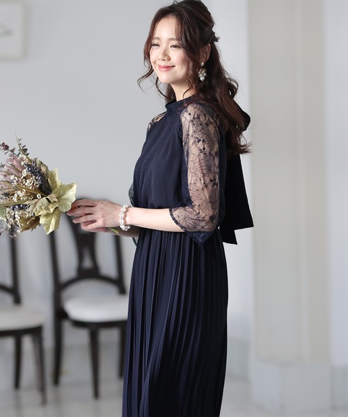 PourVous ドレス 結婚式 パーティードレス 七分袖とミモレ丈ネックリボン大きいサイズフォーマルオケージョンドレスお呼ばれ 二次会 成人式 - 画像 (7)