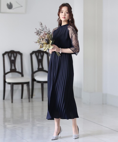 PourVous ドレス 結婚式 パーティードレス 七分袖とミモレ丈ネックリボン大きいサイズフォーマルオケージョンドレスお呼ばれ 二次会 成人式 - 画像 (8)