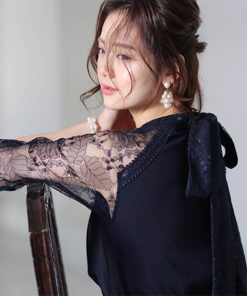 PourVous ドレス 結婚式 パーティードレス 七分袖とミモレ丈ネックリボン大きいサイズフォーマルオケージョンドレスお呼ばれ 二次会 成人式 - 画像 (9)