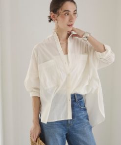 ANGIE ブラウス シャツ シアー オーバーサイズ バンドカラー / ストライプ 無地 レディース