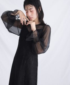 atlo ドレス 結婚式 パーティードレス オーガンジー切り替え袖あり＆ロングお呼ばれフォーマルオケージョンドレス 二次会 成人式 同窓会 謝恩会 20代 30