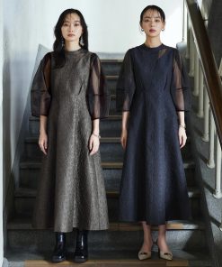 RUIRUE BOUTIQUE ドレス 「オケージョン対応」シアーランタンスリーブふくれジャカードドレス パーティドレス レディース ワンピース 半袖 ロング丈 フレア フォーマルド
