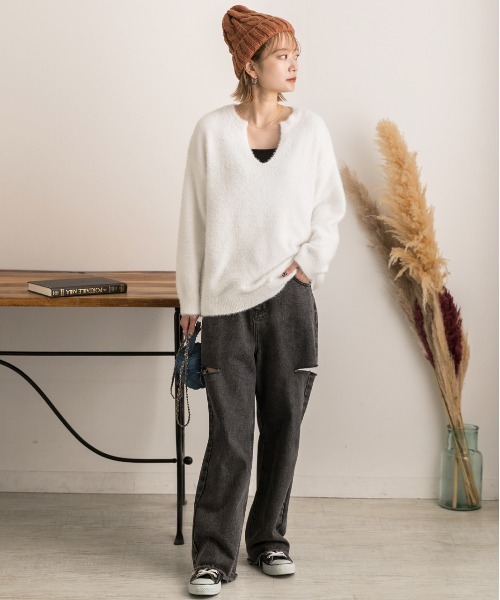 ad thie ニット セーター キーネック・ふんわり シャギーニット レディース - 画像 (6)