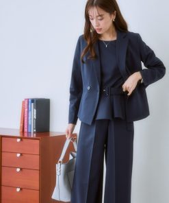 7days Life Styling セットアップ 「レディーススーツ」3点セットスーツ（ダブルブレストテーラードジャケット＋共布ベルト付半袖ブラウス＋ワイドパンツ） レディース