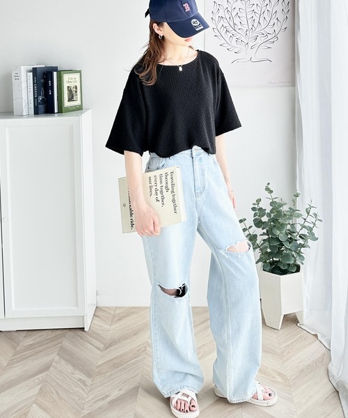 classicalelf tシャツ 凸凹としたデザインが特別な雰囲気を纏う。シャーリング半袖Tシャツ レディース - 画像 (8)