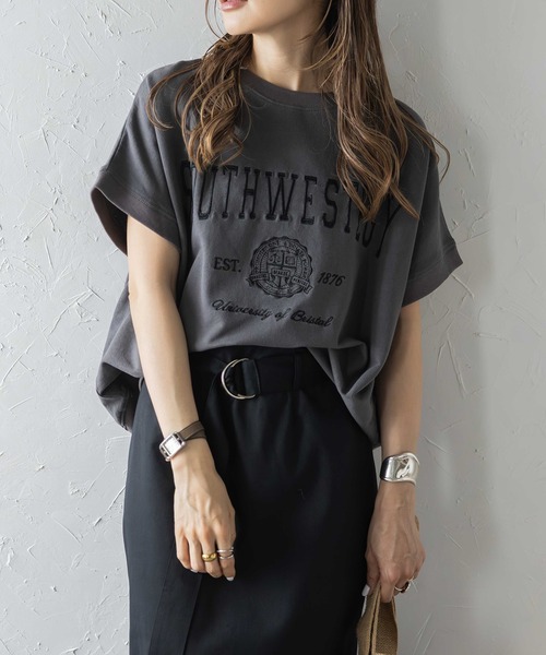 Bonjour Sagan tシャツ カレッジ刺繍ピグメントスウェットTシャツ レディース