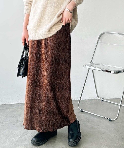 GeeRA スカート 「新色追加」すっきり見え!ベロアプリーツバックスリットロングタイトスカート - 画像 (5)