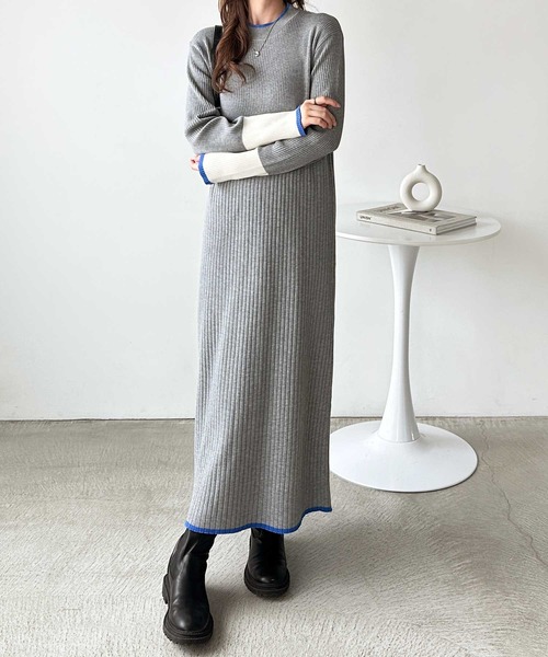 GeeRA ワンピース 全骨格細見え!配色リブニットワンピース