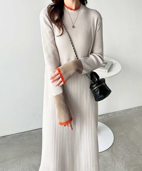 GeeRA ワンピース 全骨格細見え!配色リブニットワンピース - 画像 (2)