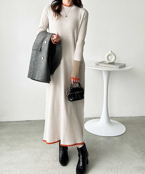 GeeRA ワンピース 全骨格細見え!配色リブニットワンピース - 画像 (8)