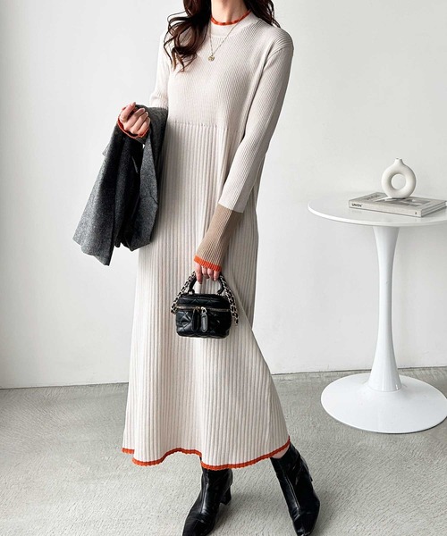 GeeRA ワンピース 全骨格細見え!配色リブニットワンピース - 画像 (9)