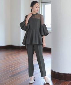 RUIRUE BOUTIQUE パンツドレス オケージョンドレス 結婚式 | ボリュームスリーブペプラムトップス& テーパードパンツ セットアップ パーティードレス ワンピース