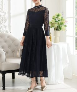 Lace Ladies ドレス プチハイネック レース ドッキング プリーツ ワンピース