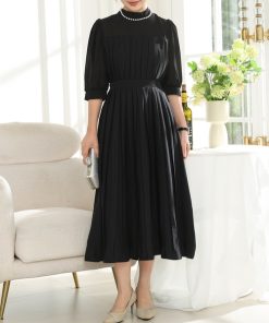 Lace Ladies ドレス シアー ドッキング ロング プリーツ ワンピース