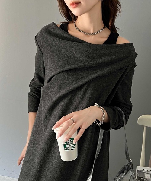 classicalelf ワンピース 大人女性のきれいめリラックススタイル。フライスカットソードレープロングワンピース - 画像 (2)