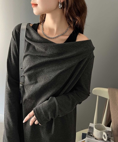 classicalelf ワンピース 大人女性のきれいめリラックススタイル。フライスカットソードレープロングワンピース - 画像 (6)