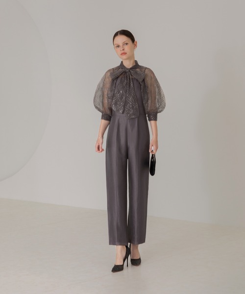 Leja パンツドレス 「LEJA」ドット柄スパンコールパフスリーブボレロオールインワンドレス 2点セット美脚効果 結婚式 パーティードレス 成人式 二次会 同 - 画像 (4)