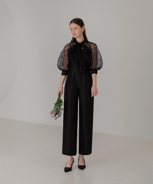 Leja パンツドレス 「LEJA」ドット柄スパンコールパフスリーブボレロオールインワンドレス 2点セット美脚効果 結婚式 パーティードレス 成人式 二次会 同 - 画像 (7)