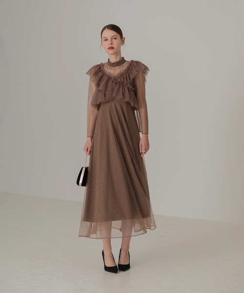 Leja ドレス 「LEJA」2wayドットストーンギャザーチュールAラインドレス 2点セット美脚効果 ドレスワンピース 結婚式 パーティードレス 成人式 二次 - 画像 (3)