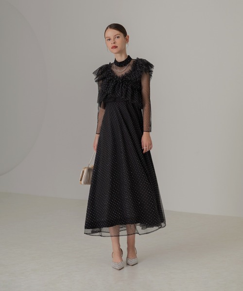 Leja ドレス 「LEJA」2wayドットストーンギャザーチュールAラインドレス 2点セット美脚効果 ドレスワンピース 結婚式 パーティードレス 成人式 二次 - 画像 (2)