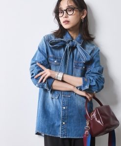 CHIC STYLE ブラウス シャツ 綿100％ライトオンスデニムリボンタイ付シャツ 「大きいサイズ有」シックスタイル レディース