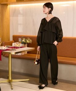 forksy. パンツドレス 「forksy.」「オケージョン対応」シアードッキング フリルブラウス & ワイドパンツ セットアップ