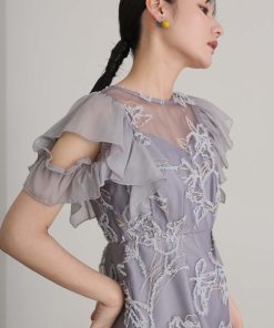 atlo ドレス フレアスリーブパーティードレスセレモニーミモレ丈＆袖あり結婚式フォーマルオケージョンドレス同窓会二次会成人式タイトシースルーラメ糸オフショル風