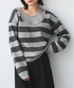 ad thie ニット セーター ショルダースリット ボーダーニット プルオーバー レディース