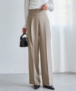 RANAN パンツ 「4サイズ展開」きれいめ素材ハイウエストジップワイドパンツ レディース