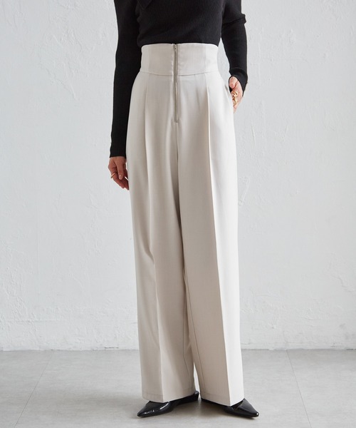 RANAN パンツ 「4サイズ展開」きれいめ素材ハイウエストジップワイドパンツ レディース - 画像 (2)