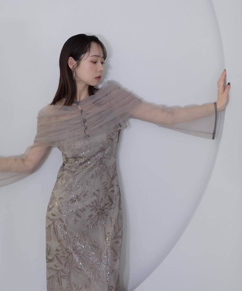 Leja ドレス 「LEJA」チュールオフショルダー花柄Iラインドレスワンピース 2点セット 美脚効果 結婚式 パーティードレス 成人式 二次会 同窓会 お呼ば - 画像 (3)