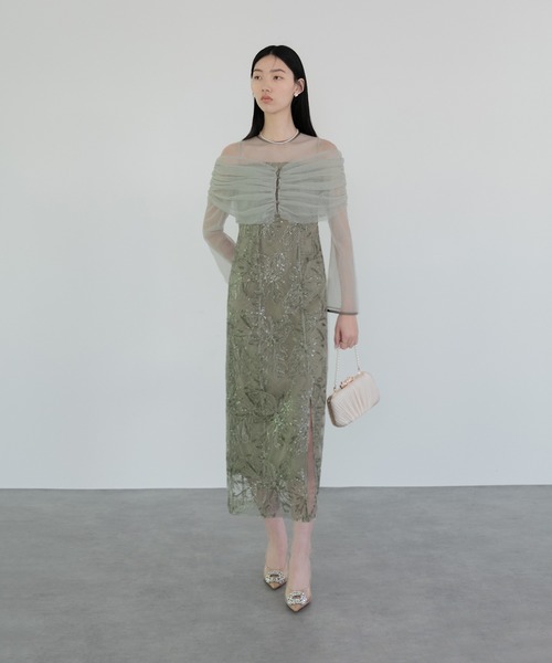 Leja ドレス 「LEJA」チュールオフショルダー花柄Iラインドレスワンピース 2点セット 美脚効果 結婚式 パーティードレス 成人式 二次会 同窓会 お呼ば - 画像 (4)