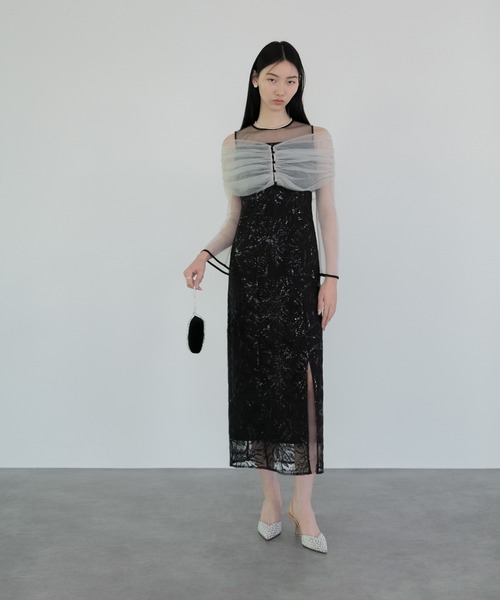 Leja ドレス 「LEJA」チュールオフショルダー花柄Iラインドレスワンピース 2点セット 美脚効果 結婚式 パーティードレス 成人式 二次会 同窓会 お呼ば - 画像 (2)